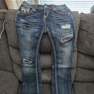 Buckle Dark Blue Boot Cut Jeans with Distressed Details